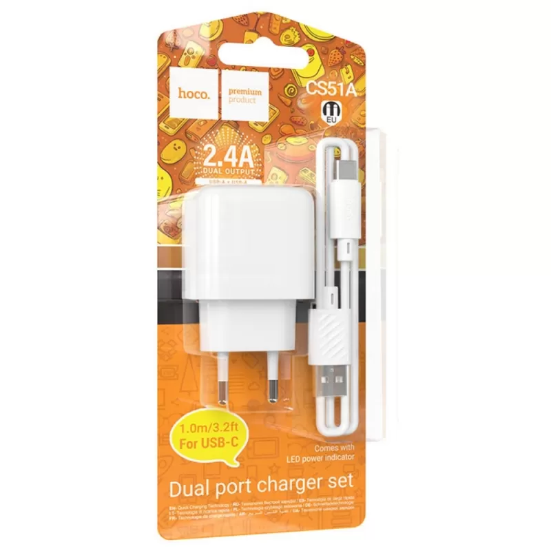 Cargador Hoco Dual Output USB-A CS51A 12W - White + Cable microUSB