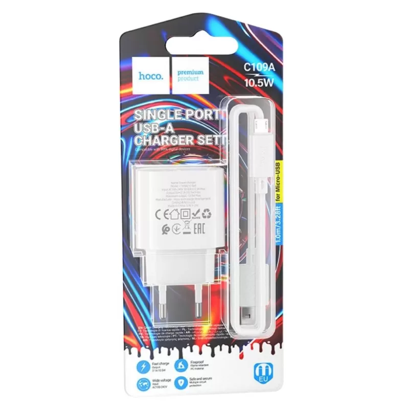 Cargador Hoco Single Port USB-A C109A 10.5W - White + Cable microUSB