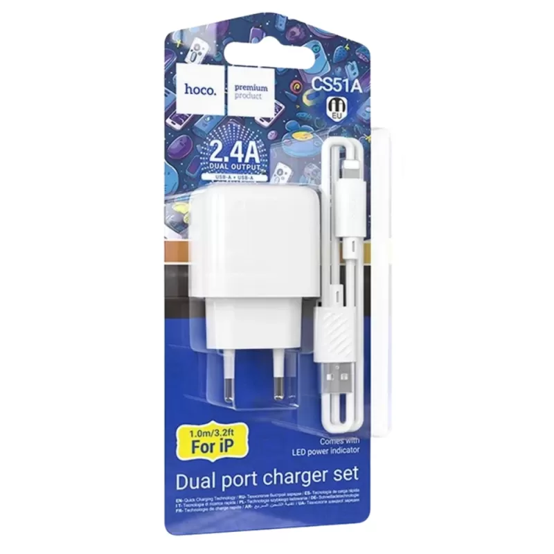 Cargador Hoco Dual Port USB-A CS51A 12W - White + Cable microUSB