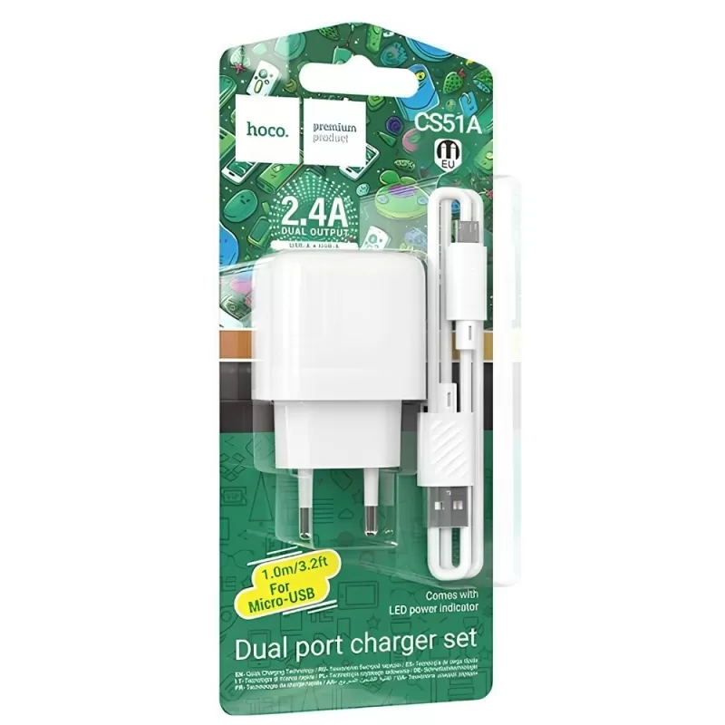 Cargador Hoco Dual Port USB-A CS51A 12W - White + Cable microUSB